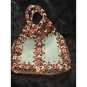 VINTAGE 60's 70's ALL LEATHER MULTI LINKS BOHO HIPPIE BAG W/ AQUA PANELS